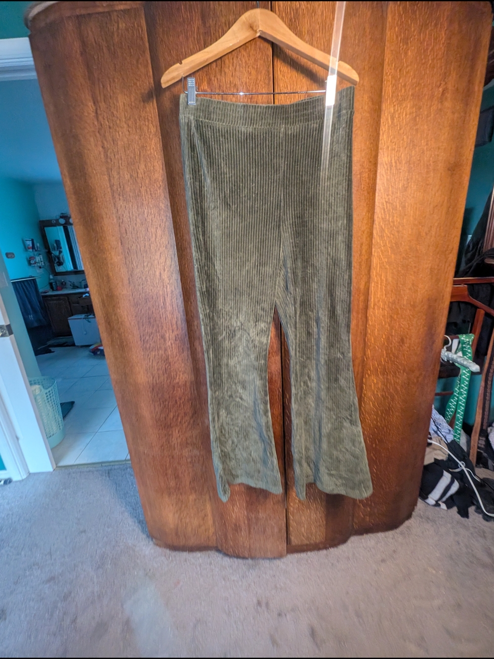 Aerie Olive Green Corduroy Flare Pants | Stretch Pull-On | Large Regular